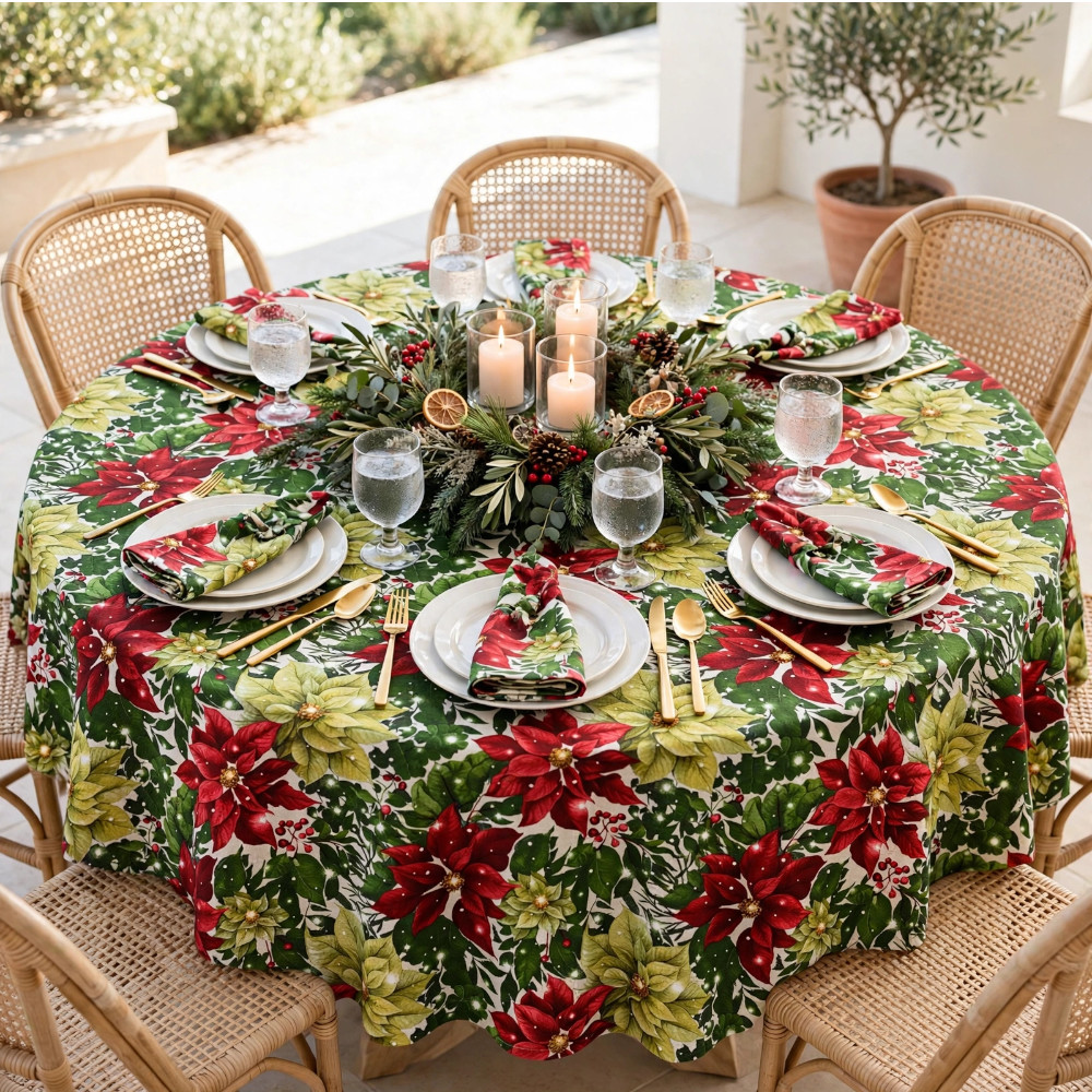 Round Xmas Tablecloth - Poinsettia Mix - Image 2