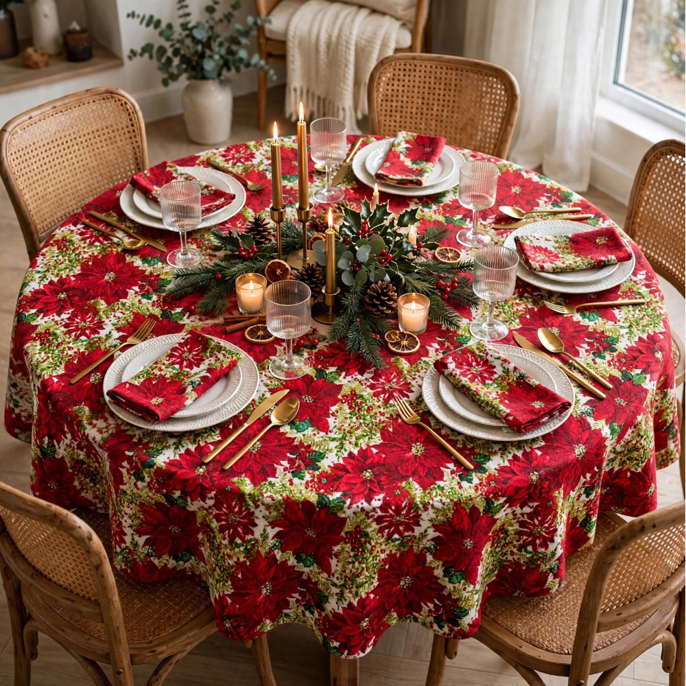 Round Xmas Tablecloth - Red Poinsettia - Image 2