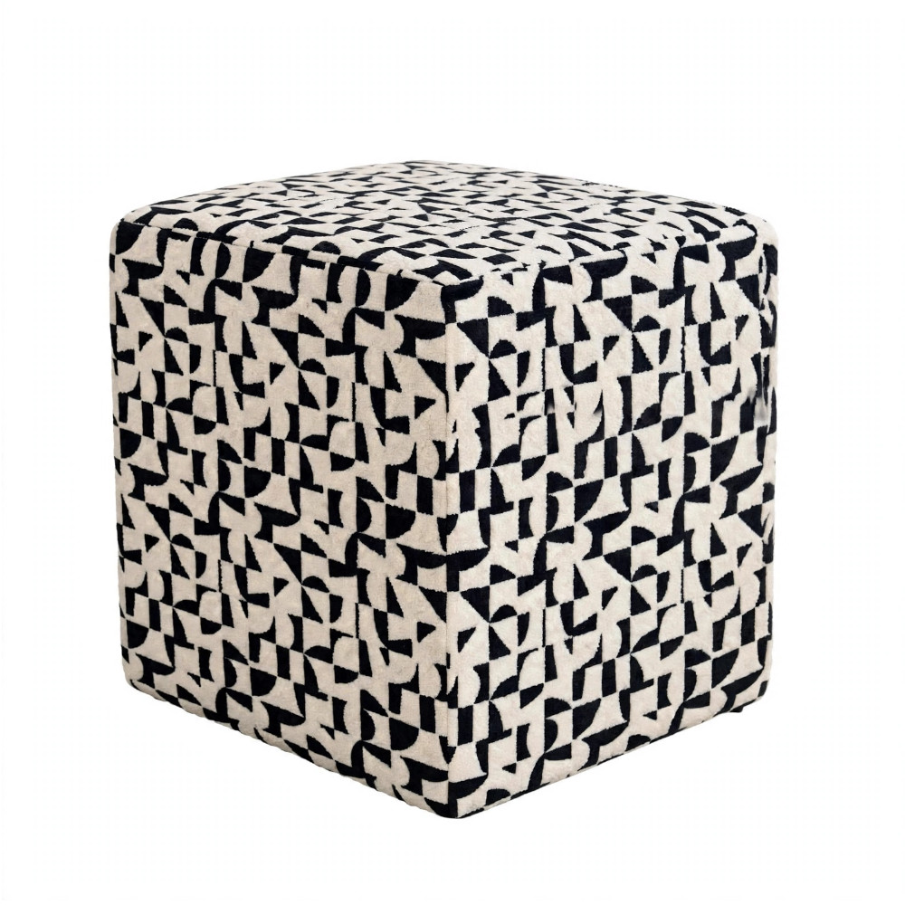 Square Ottoman Abstract Geo - Jet Black