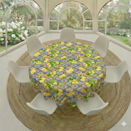 Round Tablecloth Lemons And Blue